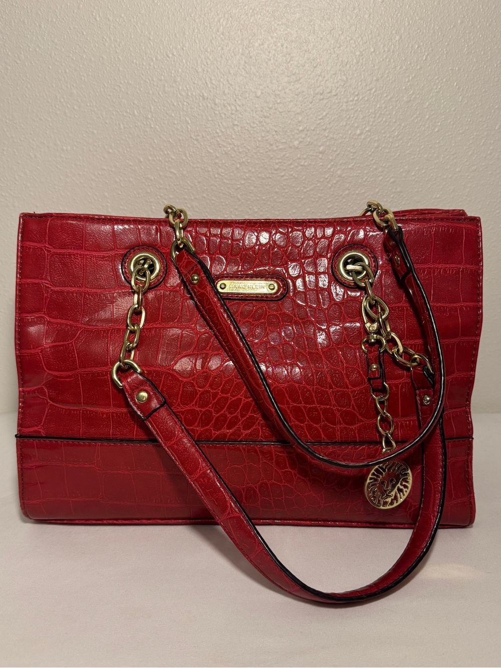 Anne Klein Red Croc-Embossed Shoulder Tote with Gold Hardware